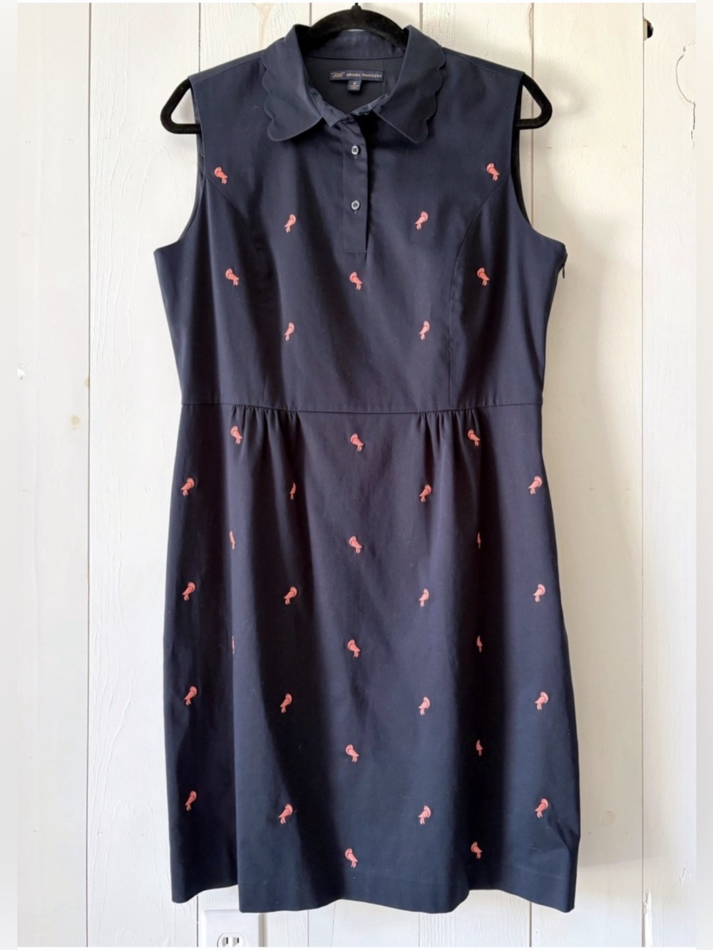 346 Brooks Brothers Navy Scallop Collar Dress with Pink Embroidery Birds